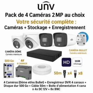 Pack Complet 4 Caméras de Surveillance avec DVR, Disque Dur, Boîte et Câbles – Installation Facile